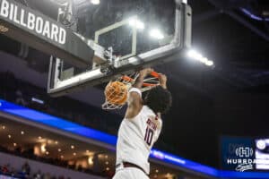 Nebraska-Omaha Maverick forward Marquel Sutton (10) makes a dunk against the South Dakota Coyotes during the Summit League Tournament Saturday, March 8, 2025 in Sioux Falls, South Dakota. Photo by John S. Peterson.