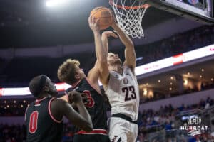 Nebraska-Omaha Maverick forward Joshua Streit (23) fouled driving to the basket against the South Dakota Coyotes during the Summit League Tournament Saturday, March 8, 2025 in Sioux Falls, South Dakota. Photo by John S. Peterson.