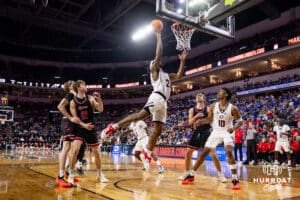 Nebraska-Omaha Maverick center Isaac Ondekane (24) makes a lay up against the South Dakota Coyotes in the first half during the Summit League Tournament Saturday, March 8, 2025 in Sioux Falls, South Dakota. Photo by John S. Peterson.