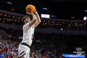 Nebraska-Omaha Maverick guard Tony Osburn (32) makes a three-point shot against the South Dakota Coyotes in the first half during the Summit League Tournament Saturday, March 8, 2025 in Sioux Falls, South Dakota. Photo by John S. Peterson.