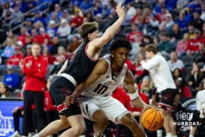 Nebraska-Omaha Maverick forward Marquel Sutton (10) drives to the basket against South Dakota Coyote guard Max Burchill (3) in the first half during the Summit League Tournament Saturday, March 8, 2025 in Sioux Falls, South Dakota. Photo by John S. Peterson.