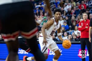 Nebraska-Omaha Maverick forward Marquel Sutton (10) dribbles the ball against the South Dakota Coyotes in the first half during the Summit League Tournament Saturday, March 8, 2025 in Sioux Falls, South Dakota. Photo by John S. Peterson.