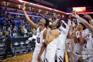 Nebraska-Omaha Mavericks stop to make a selfie after the win over UMKC Kangaroos during the Summit League Tournament Thursday, March 6, 2025 in Lincoln, Nebraska. Photo by John S. Peterson.