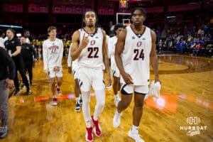 Nebraska-Omaha Mavericks forward Kamryn Thomas (22) and Nebraska-Omaha Mavericks center Isaac Ondekane (24) walk back to the locker room after the win over the UMKC Kangaroos during the Summit League Tournament Thursday, March 6, 2025 in Lincoln, Nebraska. Photo by John S. Peterson.