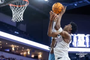 Nebraska-Omaha Mavericks forward Marquel Sutton (10) makes a lay up against the kc during the Summit League Tournament Thursday, March 6, 2025 in Lincoln, Nebraska. Photo by John S. Peterson.