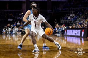 Nebraska-Omaha Mavericks guard JJ White (1) dribbles the ball against the UMKC Kangaroos in the second half during the Summit League Tournament Thursday, March 6, 2025 in Lincoln, Nebraska. Photo by John S. Peterson.