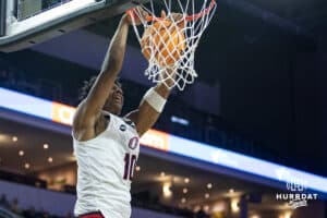 Nebraska-Omaha Mavericks forward Marquel Sutton (10) makes a dunk against the UMKC Kangaroos during the Summit League Tournament Thursday, March 6, 2025 in Lincoln, Nebraska. Photo by John S. Peterson.