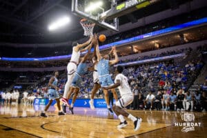 Nebraska-Omaha Mavericks forward Kamryn Thomas (22) reaches for the rebound against the UMKC Kangaroos in the first half during the Summit League Tournament Thursday, March 6, 2025 in Lincoln, Nebraska. Photo by John S. Peterson.