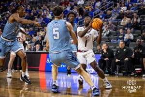 Nebraska-Omaha Mavericks guard JJ White (1) drives to the basket against the UMKC Kangaroos in the first half during the Summit League Tournament Thursday, March 6, 2025 in Lincoln, Nebraska. Photo by John S. Peterson.
