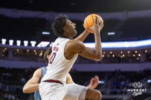 Nebraska-Omaha Mavericks forward Marquel Sutton (10) makes a lay up against the UMKC Kangaroos during the Summit League Tournament Thursday, March 6, 2025 in Lincoln, Nebraska. Photo by John S. Peterson.