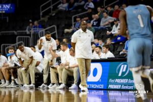 Nebraska-Omaha Mavericks head coach Chris Crutchfield watches the action om the court against the UMKC Kangaroos in the first half during the Summit League Tournament Thursday, March 6, 2025 in Lincoln, Nebraska. Photo by John S. Peterson.
