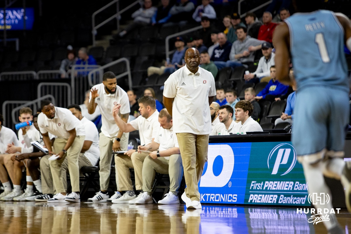 Nebraska-Omaha Mavericks head coach Chris Crutchfield watches the action om the court against the UMKC Kangaroos in the first half during the Summit League Tournament Thursday, March 6, 2025 in Lincoln, Nebraska. Photo by John S. Peterson.