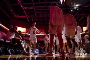 Nebraska-Omaha Mavericks guard Tony Osburn (32) introduced before taking on the UMKC Kangaroos during the Summit League Tournament Thursday, March 6, 2025 in Lincoln, Nebraska. Photo by John S. Peterson.