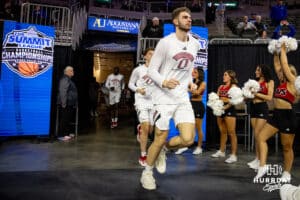 Nebraska-Omaha Mavericks forward Joshua Streit (23) runs out to the court to take on the UMKC Kangaroos during the Summit League Tournament Thursday, March 6, 2025 in Lincoln, Nebraska. Photo by John S. Peterson.