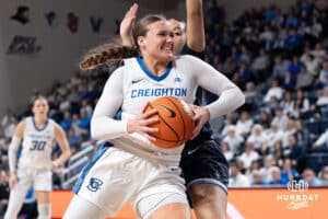 Creighton Bluejays Molly Mogensen gets past a defender during a college basketball game against Villanova on March 2nd, 2025 in Omaha Nebraska. Photo by Brandon Tiedemann.