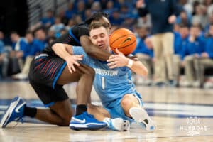 Creighton Bluejays Steven Ashworth getting pushed around during a college basketball game against Depaul on February 26th, 2025 in Omaha Nebraska. Photo by Brandon Tiedemann.