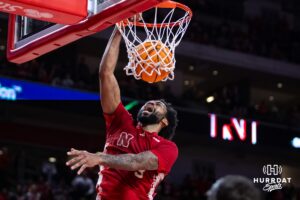 Nebraska Cornhusker guard Brice Williams (3) makes a dunk against Michigan Wolverines in the first half during a college men’s basketball game Monday, February 24, 2025 in Lincoln, Nebraska. Photo by John S. Peterson.