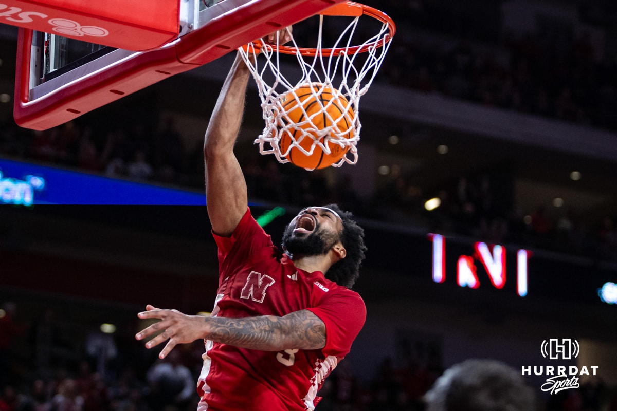 Nebraska Cornhusker guard Brice Williams (3) makes a dunk against Michigan Wolverines in the first half during a college men’s basketball game Monday, February 24, 2025 in Lincoln, Nebraska. Photo by John S. Peterson.