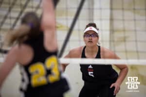 Nebraska Cornhusker Rebekah Allick (5) readies to receive the ball against the Ottawa Braves during a college beach volleyball match Tuesday, March 4, 2025 in Lincoln, Nebraska. Photo by John S. Peterson.