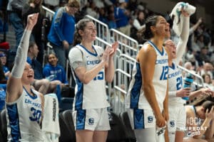 Creighton Bluejays celebrate during a college basketball game against Villanova on March 2nd, 2025 in Omaha Nebraska. Photo by Brandon Tiedemann.