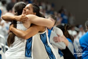 Creighton Bluejays Jayme Horan hugs teammate during a college basketball game against Villanova on March 2nd, 2025 in Omaha Nebraska. Photo by Brandon Tiedemann.