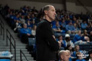 Creighton Bluejays Head Coach Jim Flanery soaks in the moment while the senior class checks out during a college basketball game against Villanova on March 2nd, 2025 in Omaha Nebraska. Photo by Brandon Tiedemann.