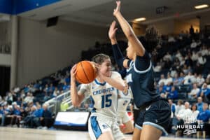 Creighton Bluejays Lauren Jensen is stopped by a defender during a college basketball game against Villanova on March 2nd, 2025 in Omaha Nebraska. Photo by Brandon Tiedemann.