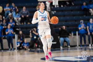 Creighton Bluejays Morgan Maly brings the ball up court during a college basketball game against Villanova on March 2nd, 2025 in Omaha Nebraska. Photo by Brandon Tiedemann.