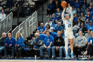 Creighton Bluejays Molly Mogensen shoots a three during a college basketball game against Villanova on March 2nd, 2025 in Omaha Nebraska. Photo by Brandon Tiedemann.