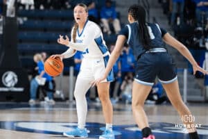 Creighton Bluejays Molly Mogensen calls out a play during a college basketball game against Villanova on March 2nd, 2025 in Omaha Nebraska. Photo by Brandon Tiedemann.