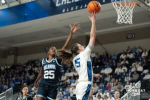 Creighton Bluejays Lauren Jensen shoots a lay up during a college basketball game against Villanova on March 2nd, 2025 in Omaha Nebraska. Photo by Brandon Tiedemann.