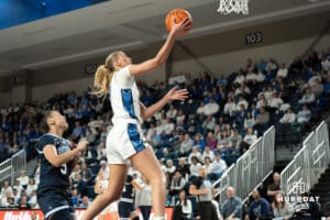 Creighton Bluejays Mallory Brake shoots a lay up during a college basketball game against Villanova on March 2nd, 2025 in Omaha Nebraska. Photo by Brandon Tiedemann.