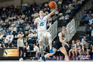 Creighton Bluejays Lauren Jensen shoots a lay up during a college basketball game against Villanova on March 2nd, 2025 in Omaha Nebraska. Photo by Brandon Tiedemann.
