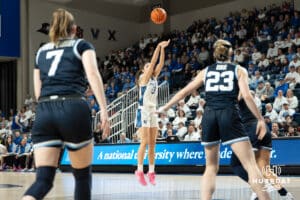 Creighton Bluejays Allison Heathcock shoots a three during a college basketball game against Villanova on March 2nd, 2025 in Omaha Nebraska. Photo by Brandon Tiedemann.