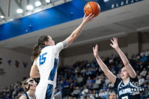Creighton Bluejays Lauren Jensen shoots a lay up during a college basketball game against Villanova on March 2nd, 2025 in Omaha Nebraska. Photo by Brandon Tiedemann.