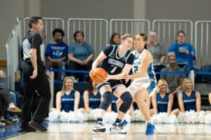 Creighton Bluejays Kennedy Townsend defends during a college basketball game against Villanova on March 2nd, 2025 in Omaha Nebraska. Photo by Brandon Tiedemann.