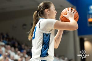Creighton Bluejays Brooke Littrell looks to pass during a college basketball game against Villanova on March 2nd, 2025 in Omaha Nebraska. Photo by Brandon Tiedemann.