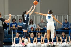 Creighton Bluejays Jayme Horan defends a shot during a college basketball game against Villanova on March 2nd, 2025 in Omaha Nebraska. Photo by Brandon Tiedemann.