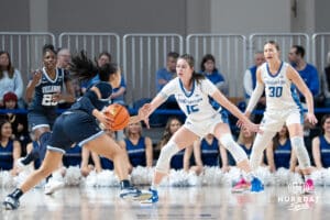 Creighton Bluejays Lauren Jensen defends during a college basketball game against Villanova on March 2nd, 2025 in Omaha Nebraska. Photo by Brandon Tiedemann.