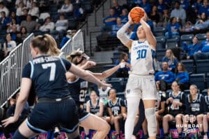 Creighton Bluejays Morgan Maly looks to shoot during a college basketball game against Villanova on March 2nd, 2025 in Omaha Nebraska. Photo by Brandon Tiedemann.