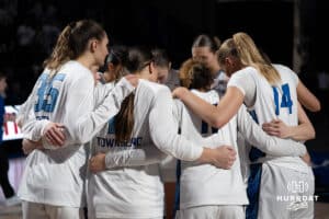 Creighton Bluejays huddle up before a college basketball game against Villanova on March 2nd, 2025 in Omaha Nebraska. Photo by Brandon Tiedemann.