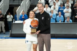 Creighton Bluejays Molly Mogensen honored for scoring 1,000 career points before a college basketball game against Villanova on March 2nd, 2025 in Omaha Nebraska. Photo by Brandon Tiedemann.