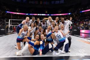 Omaha Supernovas pose for a group photo celebrating the win over the Indy Ignite during a professional volleyball match Sunday, March 2, 2025 in Omaha, Nebraska. Photo by John S. Peterson.