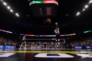 Omaha Supernovas Emily Londot (27) serves the ball against the Indy Ignite in the third set during a professional volleyball match Sunday, March 2, 2025 in Omaha, Nebraska. Photo by John S. Peterson.