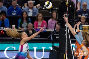 Omaha Supernovas Brooke Nuneviller (5) bumps the ball over against the Indy Ignite in the third set during a professional volleyball match Sunday, March 2, 2025 in Omaha, Nebraska. Photo by John S. Peterson.