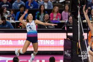 Omaha Supernovas Brooke Nuneviller (5) spikes the ball against the Indy Ignite in the third set during a professional volleyball match Sunday, March 2, 2025 in Omaha, Nebraska. Photo by John S. Peterson.