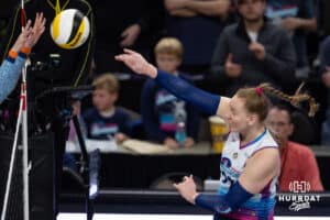 Omaha Supernovas Emily Londot (27) spikes the ball against the Indy Ignite in the ssecond set during a professional volleyball match Sunday, March 2, 2025 in Omaha, Nebraska. Photo by John S. Peterson.