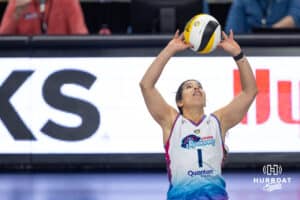 Omaha Supernovas Natalia Valentin-Anderson (1) sets the ball against the Indy Ignite in the second set during a professional volleyball match Sunday, March 2, 2025 in Omaha, Nebraska. Photo by John S. Peterson.