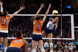 Omaha Supernovas Reagan Cooper (8) sets the ball down the line against Indy Ingite Sydney Hilley (2) in the second set during a professional volleyball match Sunday, March 2, 2025 in Omaha, Nebraska. Photo by John S. Peterson.