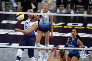 Omaha Supernovas Kayla Caffey (28) spikes the ball against the Indy Ignite in the second set during a professional volleyball match Sunday, March 2, 2025 in Omaha, Nebraska. Photo by John S. Peterson.